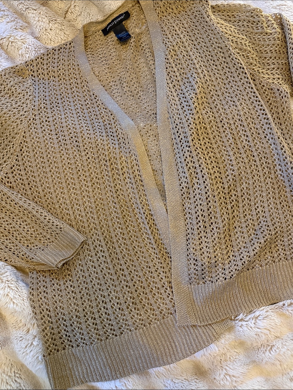 Vintage Fine Knit Open-Weave Uber soft Cardigan in Beige gold thread